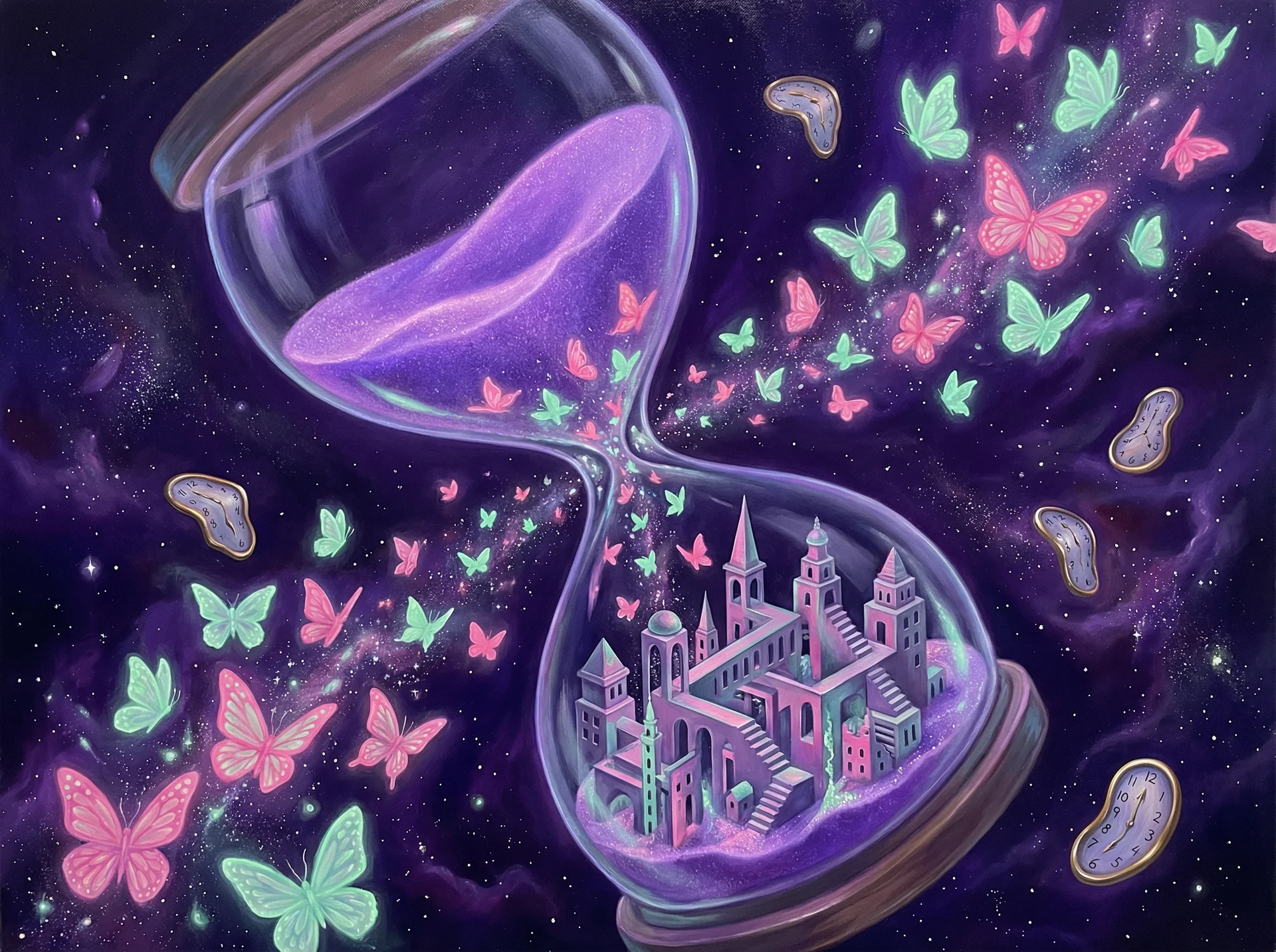 超现实梦境画作 - 时间沙漏与蝴蝶变幻，关联 哈希分分彩 幸运号码